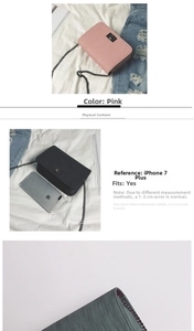 Detailed comparison of the chain crossbody bag size with an iPhone for scale