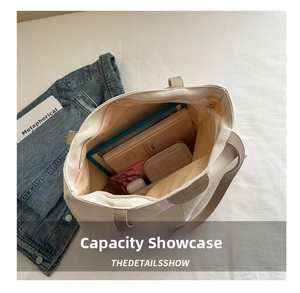 Top view of spacious white canvas tote bag showing interior storage capacity and zipper