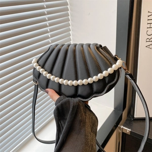 Sac Bandoulière Forme Coquille Femmes Cuir PU Texture Plissée Chaîne Künstliche Perles Sac Épaule Fermoir Magnétique Mode Tendance