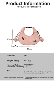 Vue détaillée du sac lune rose avec papillons argentés et dimensions de taille précises