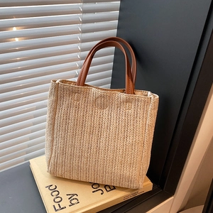Women Summer Woven Straw Tote Bag With PU Leather Handle Large Capacity Handmade Beach Travel Handbag Casual Crossbody Bag