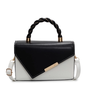 Contrast color rectangular handbag with woven handle and geometric flap design