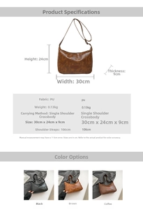 Size chart for retro PU leather hobo bag with detailed dimensions and three color options