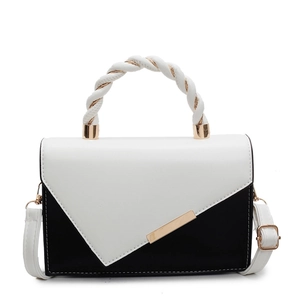 Minimalist black and white colorblock crossbody handbag with gold hardware and woven handle