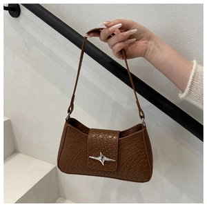 Close-up of brown woven shoulder bag featuring a silver star-shaped metallic buckle