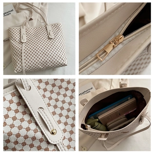 Détails du grand sac cabas beige à motif floral géométrique et capacité de rangement interne