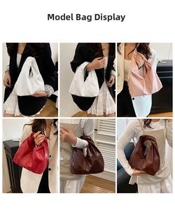 Collage de sacs seaux plissés en blanc, rose, rouge et marron foncé portés par des mannequins