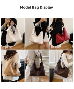 Collage of large woven shoulder bags in white, red, tan, and dark brown colors