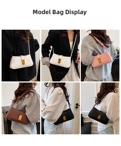 Collage of fashion baguette bags in four colors showing various shoulder and crossbody wear