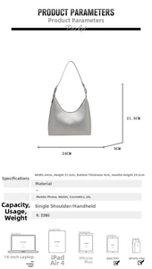 Detailed size chart for the silver shoulder bag showing 24cm width and 29.5cm handle height