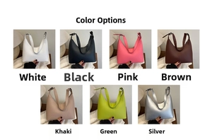 Detailed color selection showing seven stylish faux leather shoulder bags in varied hues