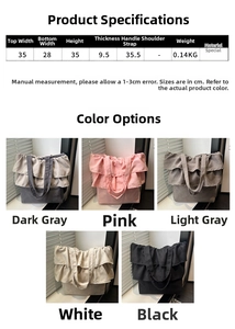 Size chart and dimensions for the large ruffle canvas tote bag in five colors