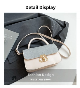 Close-up of beige leather crossbody bag with gray textured weave flap and gold buckle