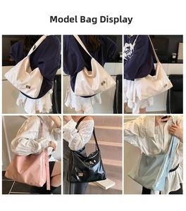 Collage of glossy leather tote bags in white, pink, black, and blue on a model