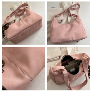 Detailed views of a pink suede hobo bag with adjustable strap and internal storage