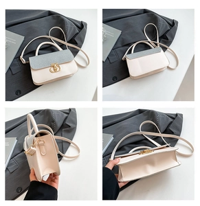 Four-view detail of a beige and grey leather handbag with a gold rotary buckle