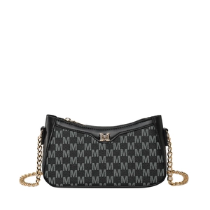 Classic black monogram shoulder bag with gold M hardware and elegant chain strap