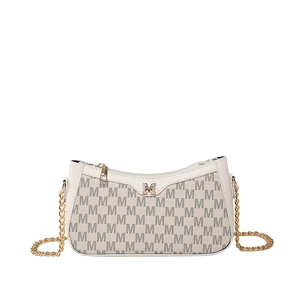 Minimalist beige moon bag with grey M-pattern print and gold chain shoulder strap