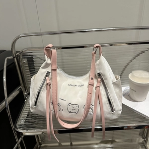 Minimalist large tote bag with bear print and pink handles for women in 2025