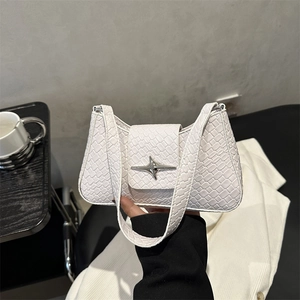 White faux leather underarm bag with crocodile pattern and silver star buckle
