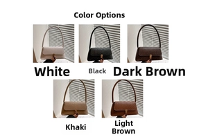Color options of woven texture shoulder bags in white, black, brown, and khaki