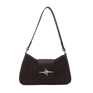 Minimalist dark brown woven underarm bag with silver star buckle in a chic rectangular shape