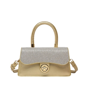Fashionable champagne gold woven handbag with sparkling rhinestones and metal buckle