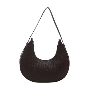Elegant dark brown woven crescent hobo bag with leather strap and silver hardware