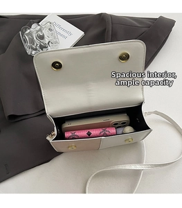 Detailed interior of color-block flap bag showing space for phone and essentials