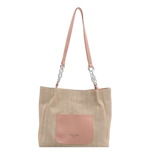 Large woven tote bag with pink leather pocket and chain strap for summer style