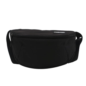 Minimalist black nylon crossbody bag with adjustable strap and fashion label detail
