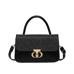Chic black patchwork handbag with sequin flap and golden metal lock for women