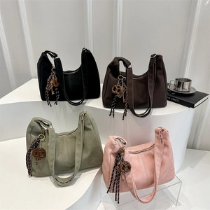 Women Frosted PU Leather Shoulder Bag Hobo Underarm Tote With Decorative Charms Retro Fashion Large Capacity