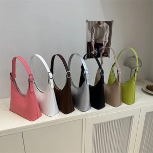 Minimalist PU Leather Underarm Hobo Bag For Women Solid Color Half Moon Shoulder Handbag With Adjustable Strap Silver Hardware