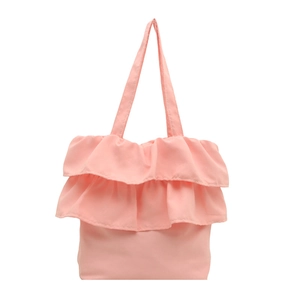 Korean style pink pleated tote bag with decorative ruffles and minimalist shoulder straps