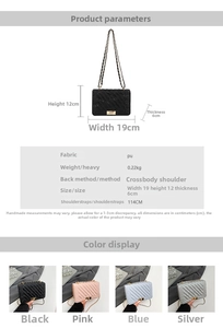 Size chart for quilted crossbody bag showing dimensions 19x12x6cm with PU fabric details