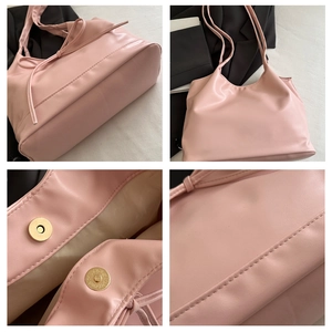 Détails d'un sac cabas en cuir PU rose avec fermoirs magnétiques et nœuds décoratifs