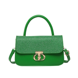 Chic green rhinestone small square crossbody bag with gold handle and twist lock detail