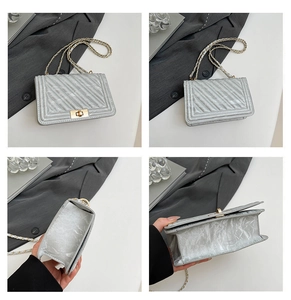 Detailed four-view of silver quilted chain bag with metal twist lock and textured finish
