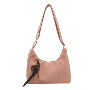 Pink suede hobo shoulder bag with adjustable strap and cute decorative pendant charms