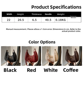 Detailed dimensions and four color options for the woven crescent hobo bag with bow