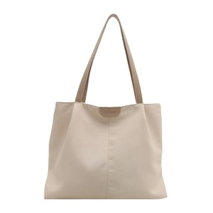 Minimalist cream tote bag with brown straps and fashion patch shown on white background