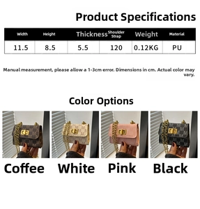 Detailed size specifications and material chart for mini chain square shoulder bag