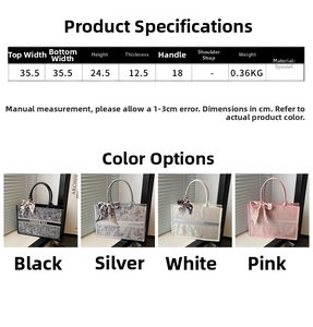 Detailed dimension guide and color options for the fashion tote bag with silk scarf