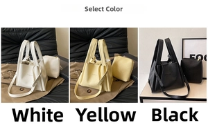 Three-color variety of pebbled leather bucket bags including white, yellow, and black models