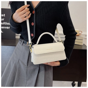 Detail of stone pattern texture and gold logo on off-white crossbody handbag