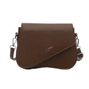 Minimalist dark brown leather crossbody bag with asymmetrical flap and silver metal buckles