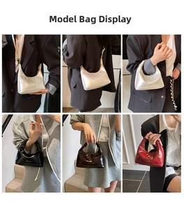 Multiple carry styles of shiny leather dumpling bags in silver, black, coffee, and red