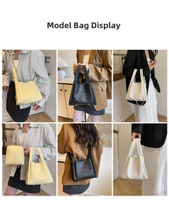 Litchi pattern leather bucket bag set showing various carrying styles and color options