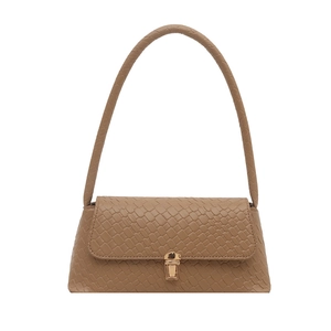 French style brown woven texture crossbody shoulder bag with golden metal clasp